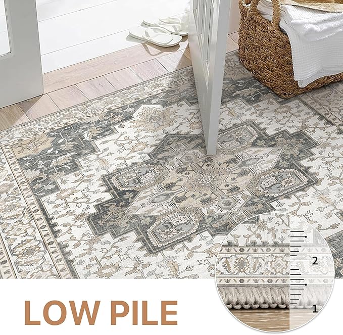 GENIMO 10x14 Area Rugs for Living Room, Machine Washable Non Slip Vintage Rugs, Low Pile Lightweight Chenille Print Rug for Bedroom, Dining Room, Home Office, Heathered Grey