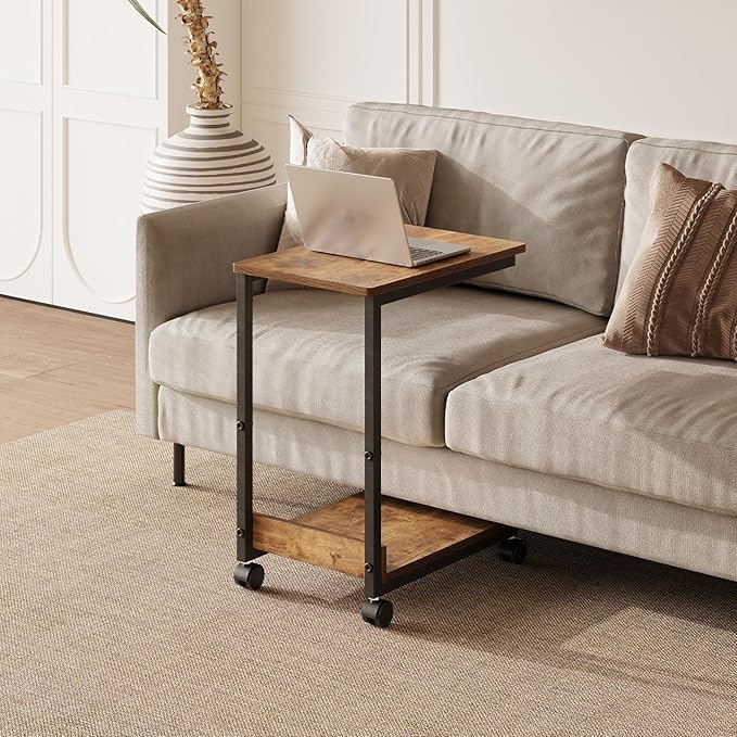 Side Table,C Table with 2-Tier Storage Shelf, End Table TV Tray with Metal Frame, Sofa Table with Wheels for Living Room, Bedroom, Office, Bathroom, Easy Assembly, Brown