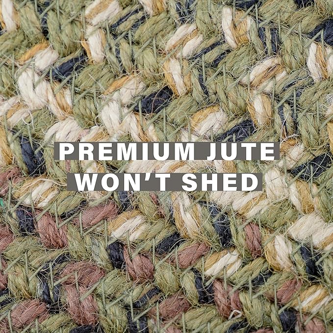 Homespice Pinecone Rustic Braided Rugs 20x30 - Oval Green Kitchen Rug of Jute for Country Decor