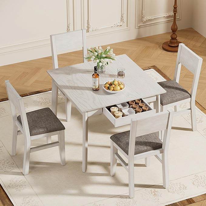 5-Piece Square Dining Table Set for 4, 38.2'' Solid Wood Kitchen Table with 4 Upholstered Chairs & 2 Drawers for Dining Room, Kitchen, Small Space, Washed Gray