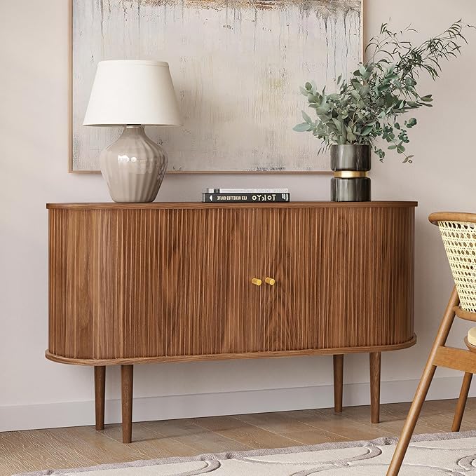 WERMO 55'' Sideboard Storage Cabinet with Doors and Shelves - Wood Credenza for Living Room, Bedroom, Entryway and Home Office Cabinet. Kitchen Buffet, Modern Media Console Table with Storage (Walnut)
