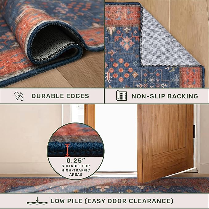 Washable 12 ft Long Runner for Kitchen Floor - Navy Blue Hallway Runner Rug, Pet Friendly Waterproof Non Slip with Rubber Backing, Stain Resistant Laundry Room Rug (3x12 Navy Blue & Terracotta)