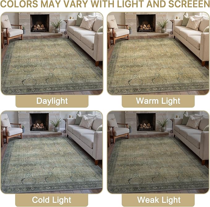 8X10 Area Rugs Machine Washable Rugs for Living Room, Vintage Boho Large Rugs for Bedroom Dining Room, Non Slip Indoor Soft Distressed Lightweight Thin Low Pile Carpet, Vintage Sunset