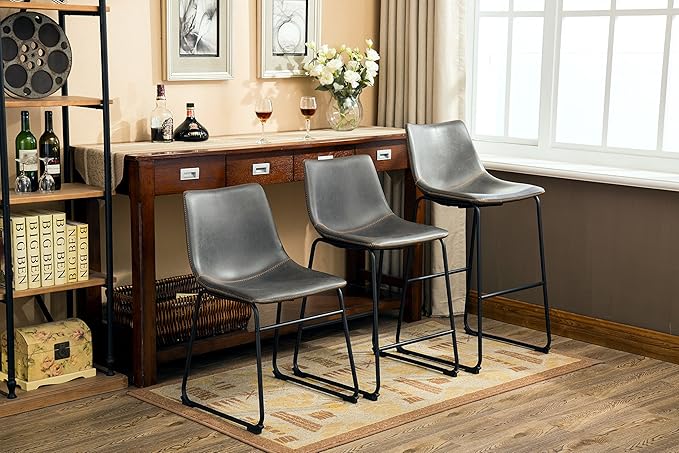 Roundhill Furniture Lotusville Vintage PU Leather Counter Height Stools, Antique Gray, Set of 2