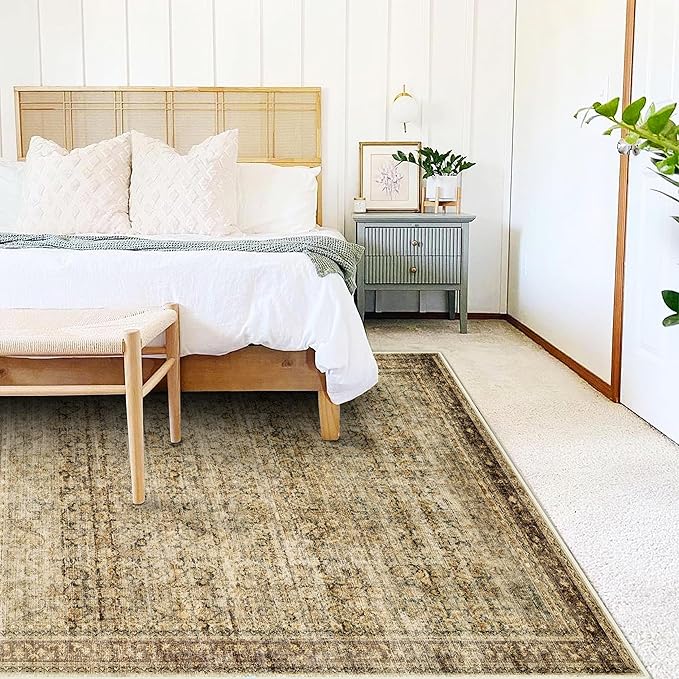 Area Rug 8x10 Washable Rug Brown Vintage Traditional Mat Distressed Indoor Foldable Thin Retro Accent Floral Non Slip Carpet Living Room Dining Room Office