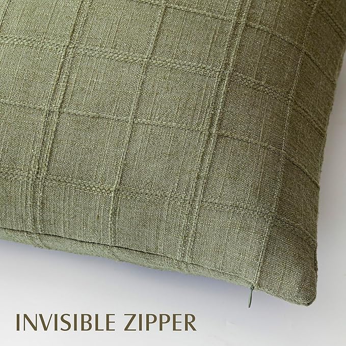 Foindtower Set of 2 Decorative Linen Check Throw Pillow Covers Neutral Farmhouse Vintage Cushion Covers Modern Boho Home Decor for Sofa Chair Couch Bedroom Living Room Outdoor,24×24 Inch,Sage Green