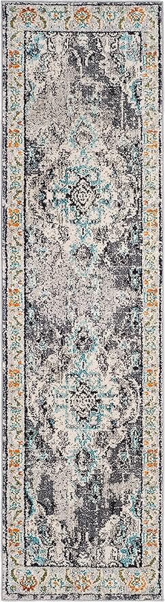 SAFAVIEH Monaco Collection Runner Rug - 2'2" x 20', Grey & Light Blue, Boho Chic Medallion Distressed Design, Non-Shedding & Easy Care, Ideal for High Traffic Areas in Living Room, Bedroom (MNC243G)