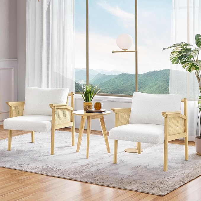 Yaheetech Accent Boucle Vanity Chair with Rattan Back Arms, Mid Century Upholstered Living Room Lounge Chair Bedroom Balcony White 2 PCS