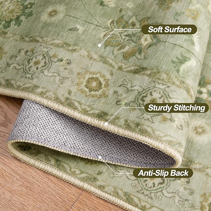 Tangsoo Floral Vintage Rug 2x3 Washable Rug for Entryway, Non Slip Small Area Rugs, Indoor Front Door, Print Distressed Green Door Mat Carpet, Soft Low Pile Rugs for Entrance Kitchen Bedroom