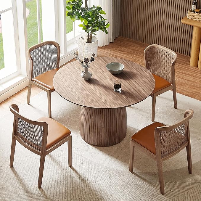 Wooden Kitchen Round Dining Table for 4-6, Round Kitchen Table with Circular Tabletop with Wood Pedestal Base, Rustic Farmhouse Furniture