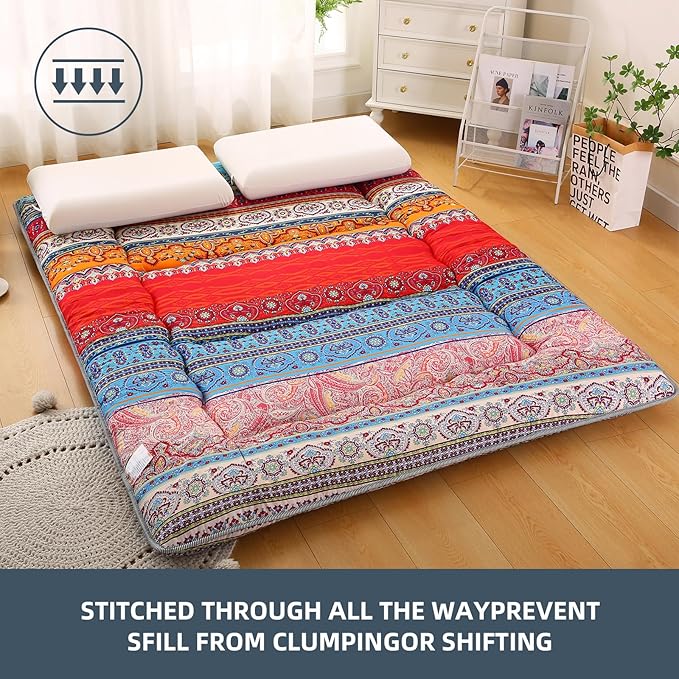 Bohemian Retro Japanese Floor Mattress, Vintage Floral Tatami Floor Mat, Portable Roll up Futon Mattress for Guest,Tavel (C,Twin 80" x 36")