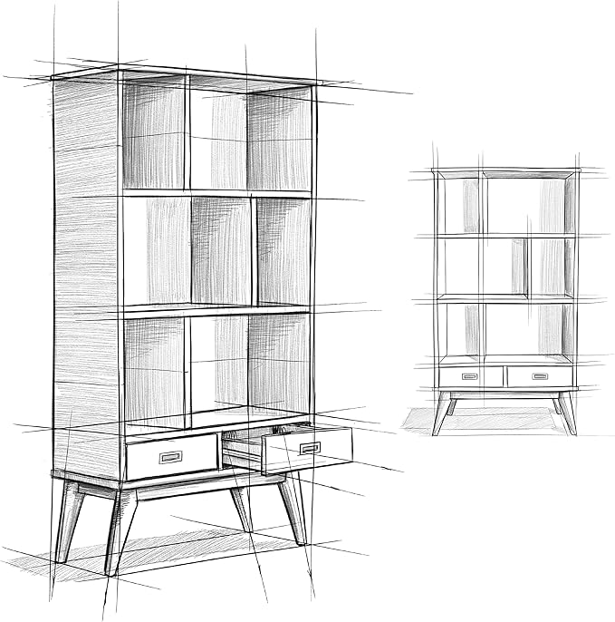 SIMPLIHOME Draper Bookcase - 64 inch Tall Solid Hardwood Wide Storage Bookshelf in Medium Auburn Brown, Mid-Century Modern Storage for Living Room or Office with Adjustable Shelves and Tapered Legs