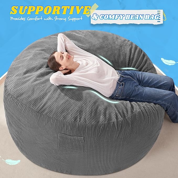 HABUTWAY 6FT Bean Bag Chair,Giant Bean Bag Chairs for Adults,Big Bean Bags with Memory Foam Filled, Large Beanbag Chairs with Soft Corduroy Cover-Grey