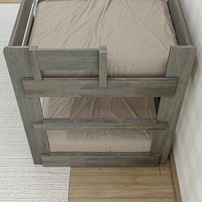Max & Lily Modern Farmhouse Low Bunk Bed, Twin-Over-Twin Bed Frame For Kids, Driftwood