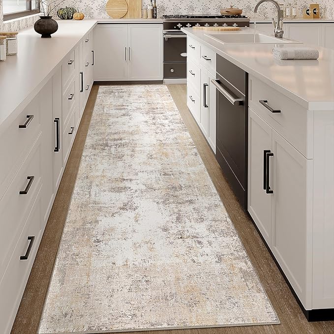 3x8 Washable Runner Rug Beige Grey Neutral Abstract Hallway Kitchen Living Room Bedroom Non Slip Throw Rug Soft Low Pile Indoor Carpet for Entrance Laundry Bathroom