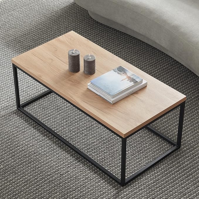 CENSI 40-Inch Natural Oak Accent Coffee Table Ottoman for Living Room, Rectangle, Mid-Century Modern Industrial Style, Extra Thick Top, Light Wood and Metal (Oak)