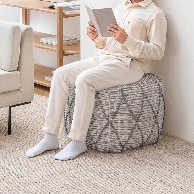 Anji Mountain 100% Handmade & Handcrafted Comfortable Home Décor Pouf Ottoman Footrest for Living Room, Bedroom, Nursery, Kidsroom, Patio Furniture - (19" x 19" x 17"- Warm Gray)