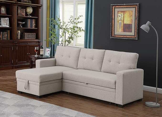 Devion Furniture Meridian 4-in-1 Convertible L Shaped Couch with Pull Out Bed and Storage, Sectional Sleeper Sofa with Reversible Chaise for Living Room, Apartment, Bedroom, Office