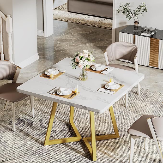 Tribesigns Square Dining Table for 6, 31.5" Modern Dinner Table with Metal Base, Kitchen Table for Dining Room, Small Space, Apartment, White & Gold