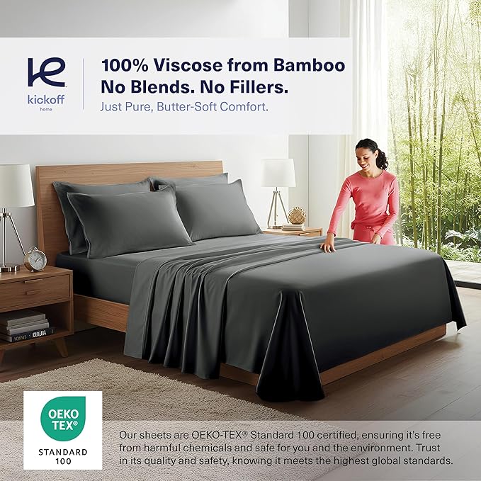 Kickoff Viscose Bamboo Sheets Twin XL Size 3-pc 100% Organic Bamboo Viscose Bed Cooling Sheets Twin XL Size Set Cool Bedding for hot Sleepers Sheet, Flat, Fitted, Pillowcase (Pewter, TXL)