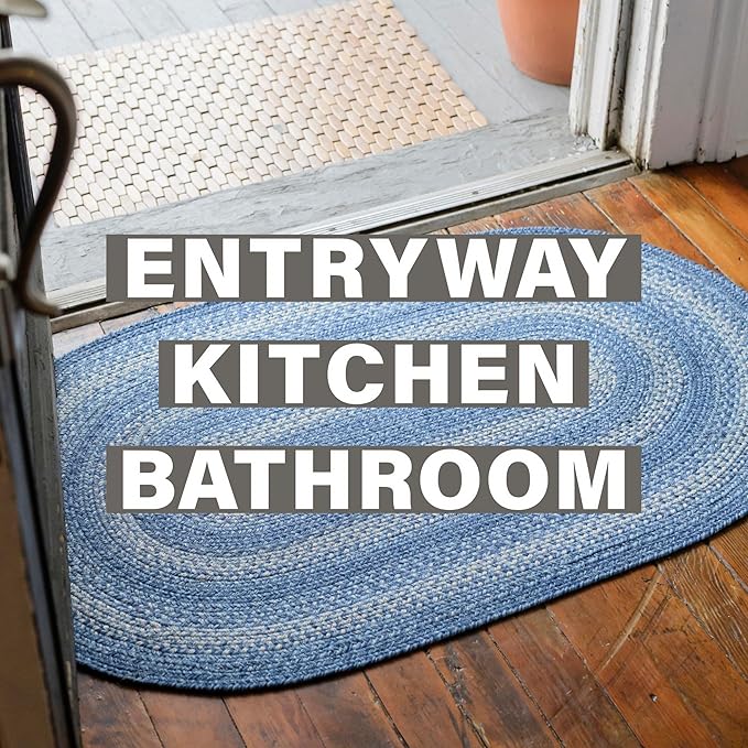 Homespice 20x30” Blue Oval Braided Rug. Denim Blue and White Jute Oval Rug. Uses- Entryway, Kitchen Rugs, Bathroom Rugs. Reversible, Rustic, Country, Primitive, Farmhouse Decor Rug