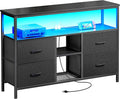 Huuger TV Stand Dresser with Power Outlets and LED Lights, 4 Drawers Entertainment Center with Open Shelf, Media Console for 50 43 Inch TV, Dresser with PU Finish, Black