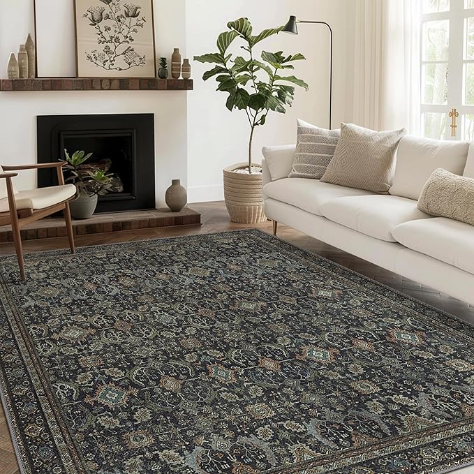 6X9 Area Rugs Machine Washable Rugs for Living Room, Vintage Boho Large Rugs for Bedroom Dining Room, Non Slip Indoor Soft Distressed Lightweight Thin Low Pile Carpet, Black