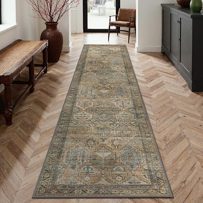 GENIMO 2x7 Runner Rugs for Hallway, Machine Washable Non Slip Vintage Rugs, Low Pile Lightweight Soft Print Rug for enrtyway, Corridor, Home Office, Kitchen, Warm Taupe