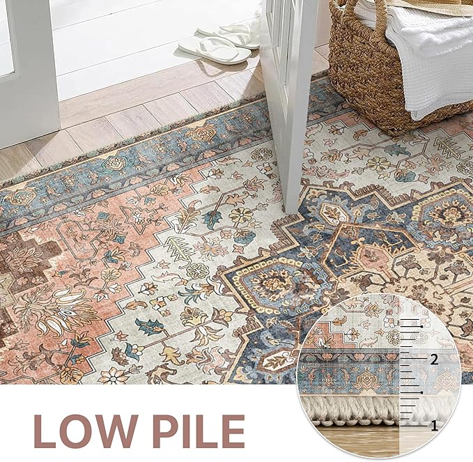 GENIMO 9x12 Area Rugs for Living Room, Non Slip Machine Washable Vintage Rugs, Low Pile Lightweight Chenille Print Large Rug for Bedroom, Dining Room, Home Office, Blue Brick Red