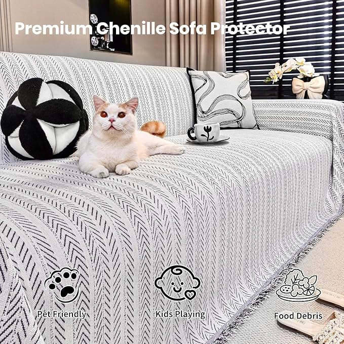 Nobildonna Sofa Cover Washable Soft Thicken Chenille Couch Cover with Tassel,Waterproof Sofa Slipcover for 3-4 Cushion Couch,Sectional Sofa,L-Shaped Furniture Protector Pet-Friendly,Beige 71"x150"