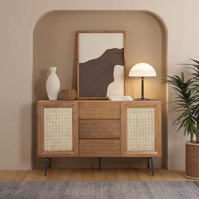 NTC MOSSIC Sideboard with 2 Doors and 3 Drawers, Buffet Cabinet with Natural Rattan and Metal Legs, Modern Storage Cabinet for Living Room, and Hallway, Effortless Assembly, Teak Look
