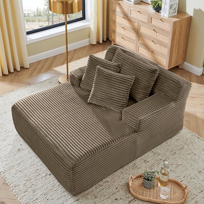 Oversized Chaise Daybed Lounge Sleeper Chair Sofa Bed Indoor, Fluffy Corduroy Upholstered Sleeper Recliner Sofabed Extra Wide Full Foam Cloud Sofabed W/3 Pillows for Home/Apartment Living Room Bedroom
