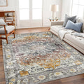 Area Rug 8x10 Washable Rug Taupe Vintage Traditional Mat Distressed Indoor Foldable Thin Retro Accent Rug Floral Print Non Slip Carpet Living Room Dining Room Office