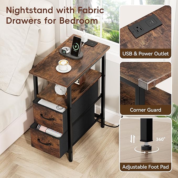 Vagusicc End Table with Charging Station Set of 2, Narrow Side Table, 23.8'' Tall Nightstand with 2 Drawers, Small Sofa Side Table Narrow Nightstand for Small Spaces Living Room, Bedroom, Rustic Brown