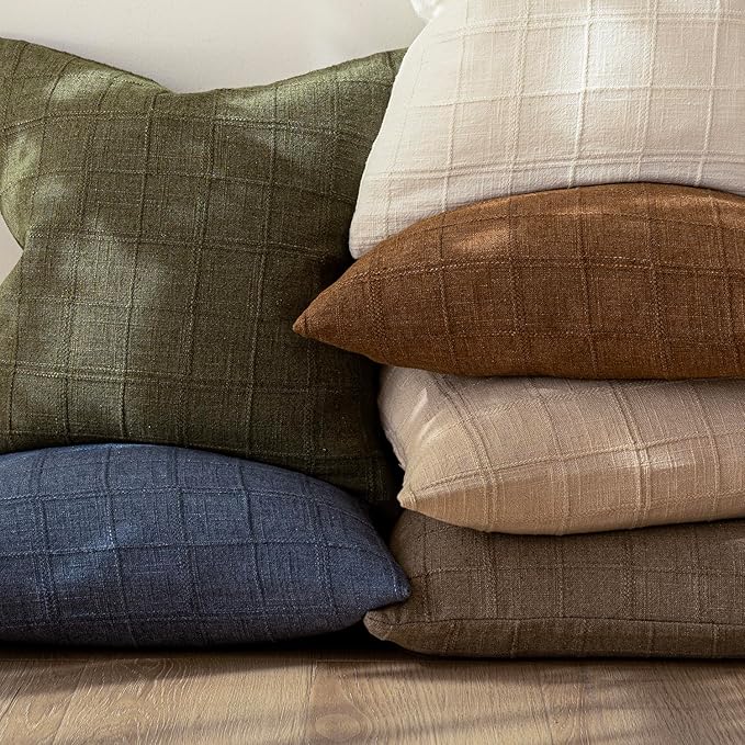 Foindtower Set of 2 Decorative Linen Check Throw Pillow Covers Neutral Farmhouse Vintage Cushion Covers Modern Boho Home Decor for Sofa Chair Couch Bedroom Living Room Outdoor,16×16 Inch,Light Brown
