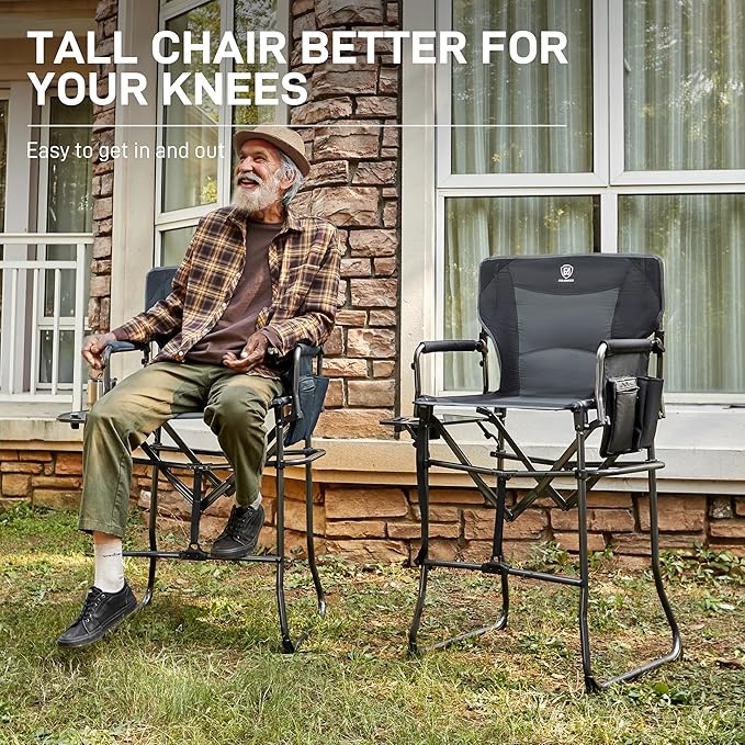 EVER ADVANCED Portable 30.7" Seat Height Tall Folding Camping Chair Directors Chair High Foldable Bar Stool with Side Table for Makeup Artist, Sports Event, Craft Show, Supports 350LBS Grey