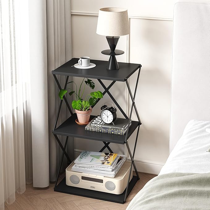 3-Tier End Table Small Side Table Tall Bedside Night Stand with Storage Sofa Side desks for Living Room Bedroom Office Bathroom Small Space Black ET-03BK