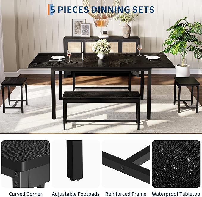 IDEALHOUSE 5-Piece Extendable Dining Table Set for 4-8 People, 63 Inch Kitchen Table with 2 Benches & 2 Stools, Space Saving Modern Dining Room Furniture, Easy Assembly, Black
