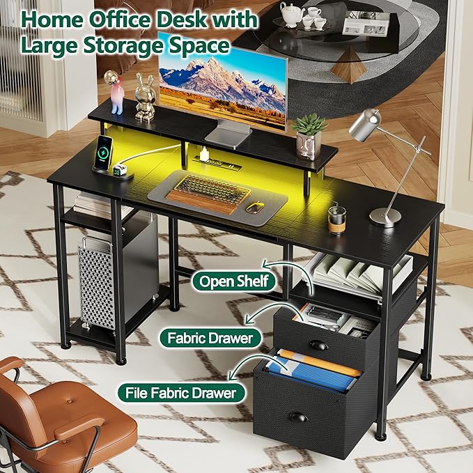 Furologee 51" Gaming Desk with Power Outlets & LED Lights, Reversible Computer Desk with File Cabinet & Monitor Stand for Home Office, Large Work Table with Storage Shelves & Drawer, Black