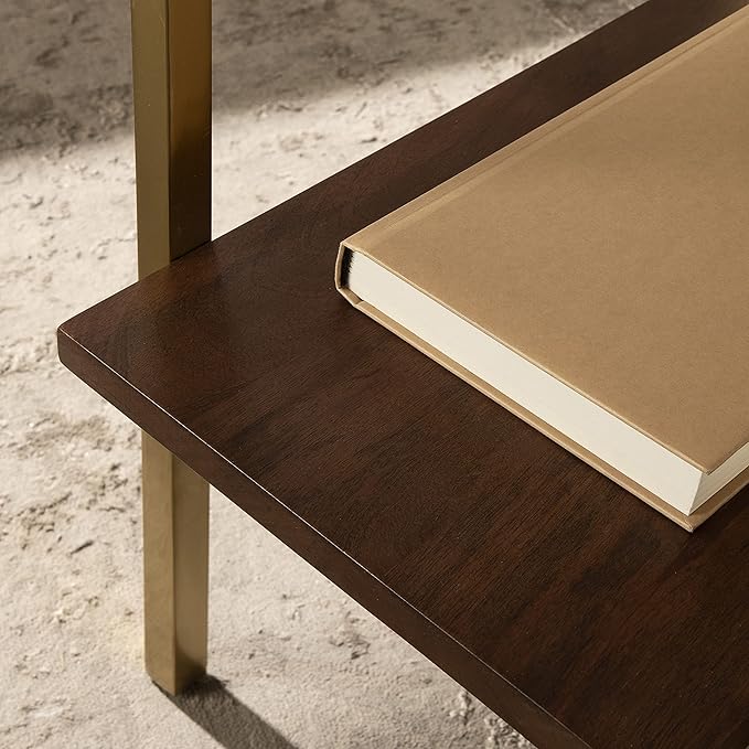 Kate and Laurel Abcott Midcentury Side Table, 20 x 12 x 24, Walnut Brown and Gold, Decorative Two-Tier Bedroom Nightstand Table with Genuine Marble Tabletop