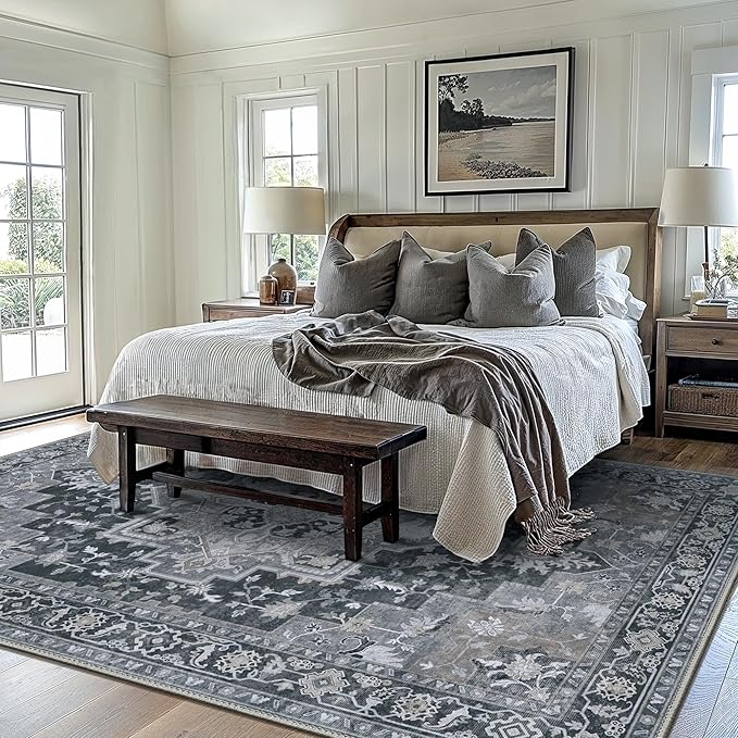 GENIMO 8x10 Area Rugs for Living Room, Machine Washable Non Slip Vintage Rugs, Low Pile Lightweight Chenille Print Rug for Bedroom, Dining Room, Home Office,Dark Gray