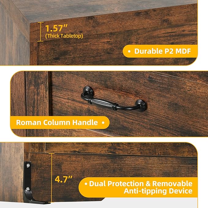 YITAHOME Rustic Brown Drawers TV Stand for 65 inches with Power Outlets -Chest of Drawers Dresser with Side Organizer Bag Entertainment Center TV Console