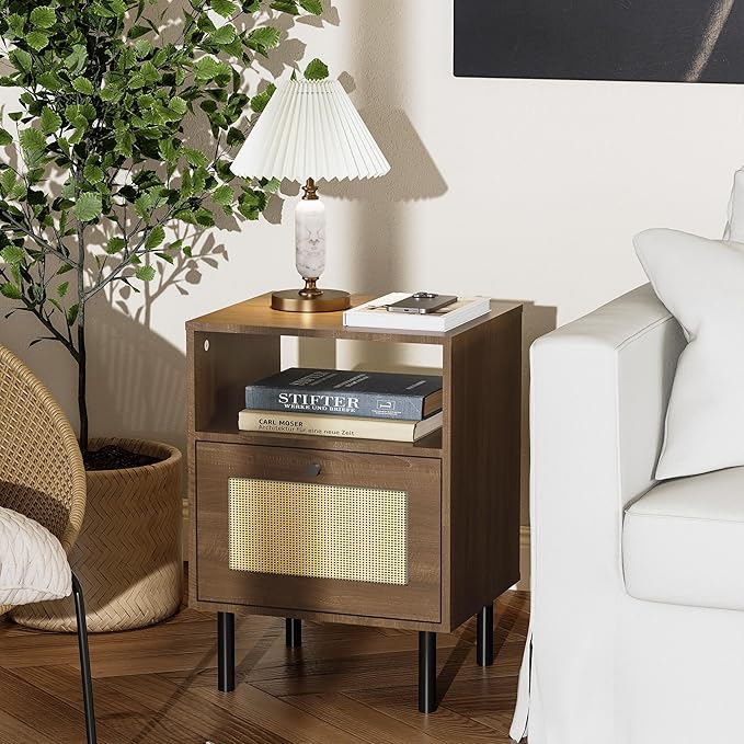 Rattan Nightstand with Storage Boho Modern Farmhouse Bedside Table with Drawer & Open Shelf Light Wood End Table for Bedroom, Living Room, Office, Dorm - Natural Walnut 0ak Color