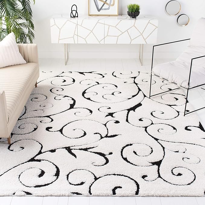 SAFAVIEH Florida Shag Collection Area Rug - 11' Square, Ivory & Black, Scroll Design, Non-Shedding & Easy Care, 1.2-inch Thick Ideal for High Traffic Areas in Living Room, Bedroom (SG455-1290)