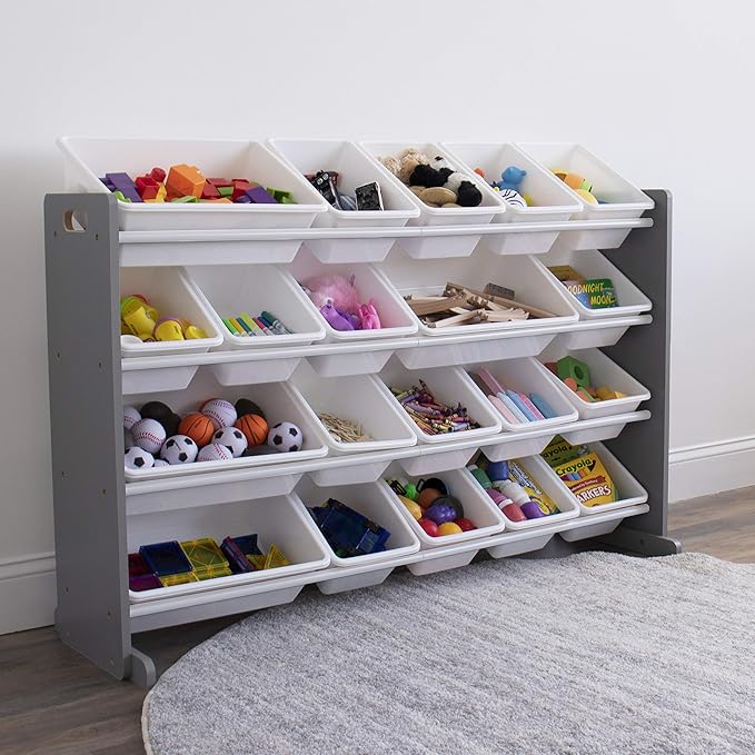 Humble Crew Extra-Large Toy Organizer with 20 Plastic Bins – Grey/White Storage Rack with 4-Tier Shelves, Anti-Tip Safety, for Kids’ Rooms, Playrooms, Nurseries & Classrooms