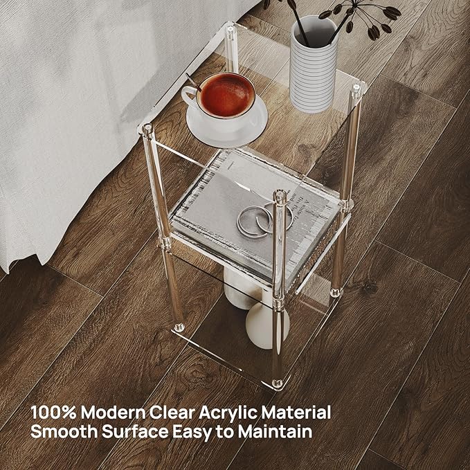 HMYHUM Acrylic Drink Table for Small Spaces, 10" Square, Clear Small Side Table/End Table for Living Room, Sofa, Easy Assembly, Modern, 26" H
