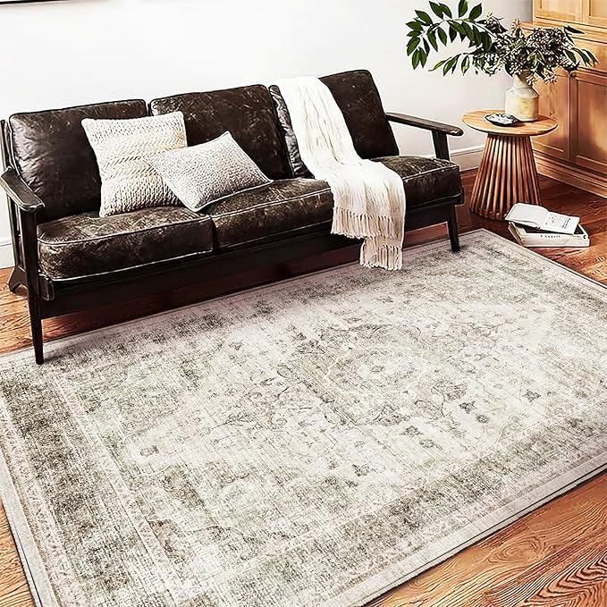 Washable Area Rug 4'x6' Floral Khaki Traditional Floor Cover Foldable Thin Rugs Retro Kitchen Indoor Distressed Non Slip Carpet Floral Print Mat Bedroom Living Room