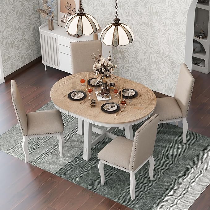 Ball & Cast 5 Piece Dining Table Set with 4 Upholstered Curved Legs Chairs,Living Room Furniture W/ 43" Round Extendable Desk,for Restaurant,Home Bistro,Oak Natural Wood + Antique White