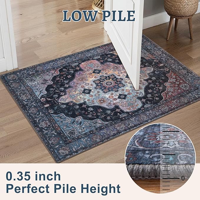 2x3 Entryway Rug, Vintage Rug with Non Slip Backing, Washable Rugs Low Pile Indoor Small Area Rug for Front Door Entrance Kitchen Bedroom Bathroom, Blue/Multi Retro Doormat Carpet