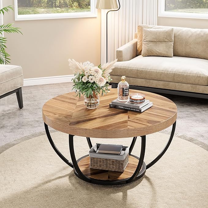 Tribesigns 31.7" Round Industrial Coffee Table with 2-Tier Storage Shelves, Modern Wood & Black Metal Accent Center Table for Living Room, Home Office – Easy Assembly